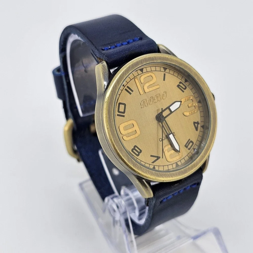 42MM Men's Analog Watch Gold Dial Dark‎ Blue Leahter Bands New Battery